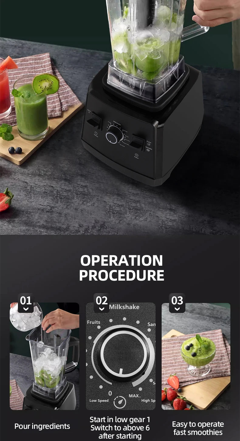 2000W Heavy Duty Commercial Blender Stationary Mixer Ice Smoothies Appliances for Kitchen Professional High Power Food Processor