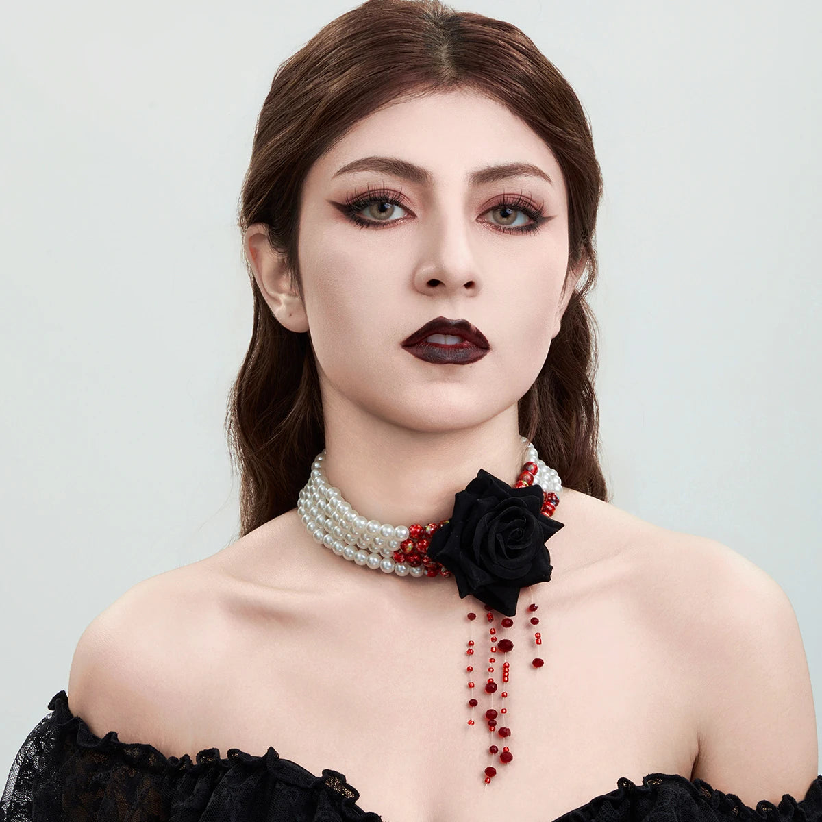 Ingemark Multilayer Imitation Pearl Rose Flower Clavicle Chain Necklace Women Goth Red Crystal Pendant Choker Halloween Jewelry