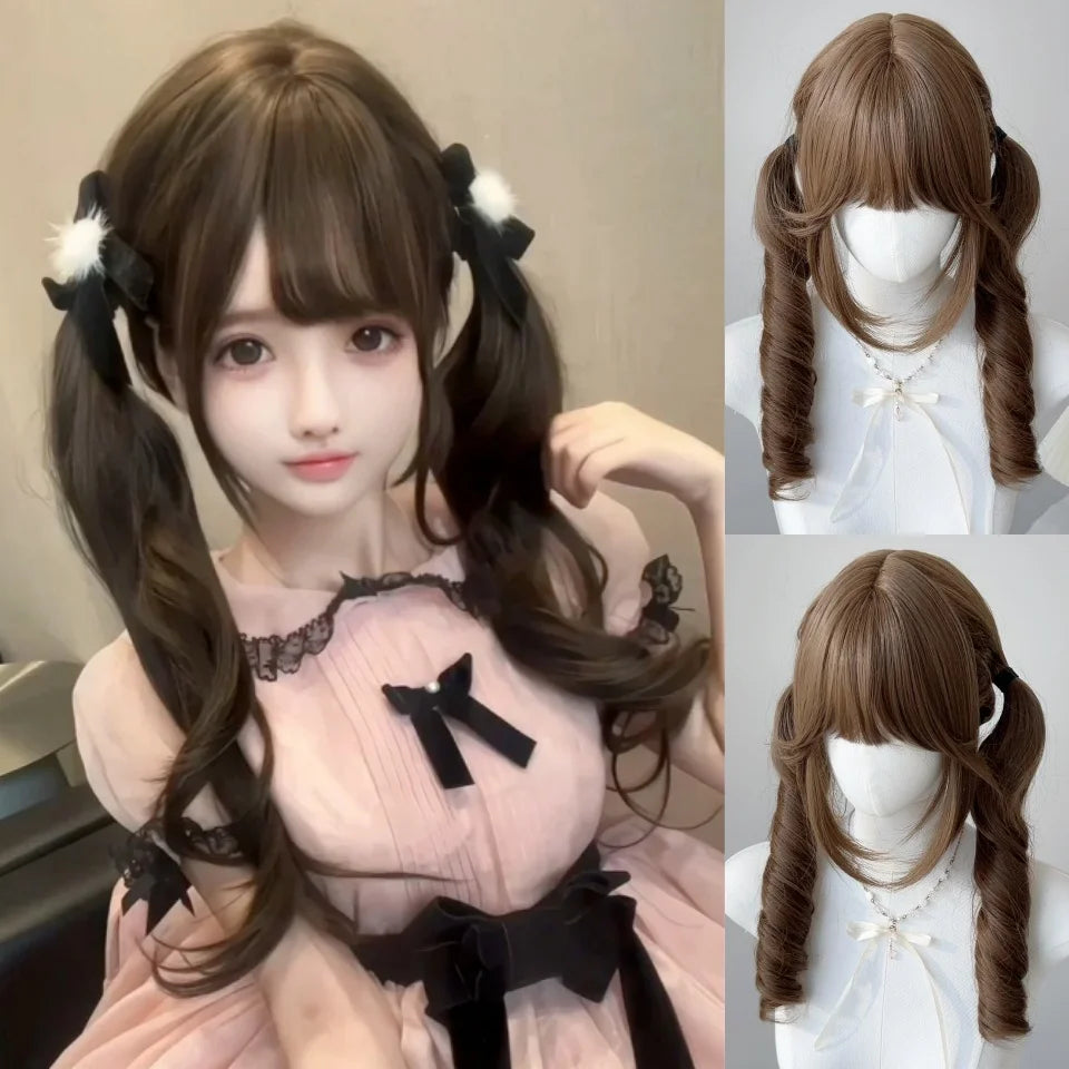 Synthetic Short Lolita Cosplay Christmas Halloween Bob Brown Blonde LM Wig With Long Curly Ponytail Natural Fake Hair for Women