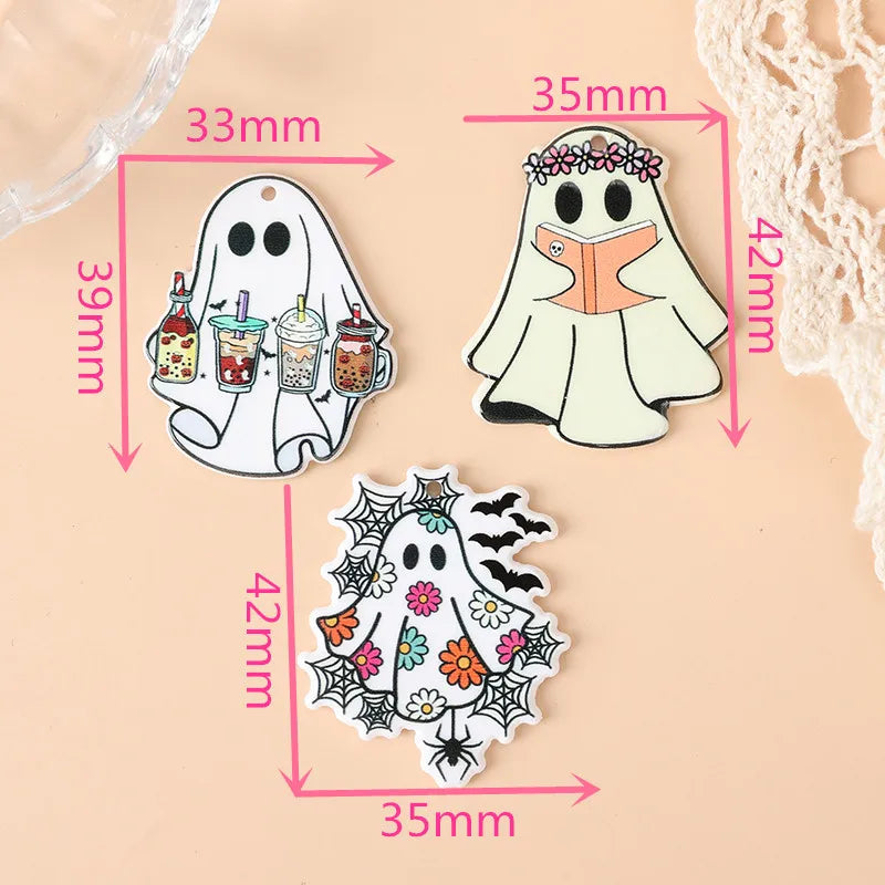 6Pcs Halloween Charms Creative Acrylic Funny Reading Flower Ghost Pendant For Necklace Keychain Diy Making