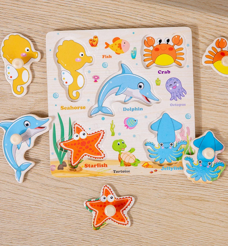 Wooden Puzzle Montessori Toys for Kids Cartoon Animal Traffic Hand Grab Boards Early Learning Educational Toys for Children