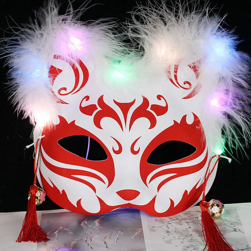 Luminous Led Mask Japanese Foxes Mask Rave Costume Anime Half Face Cat Masks Masquerade Festival Halloween Party Cosplay Props