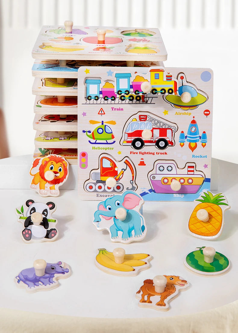 Wooden Puzzle Montessori Toys for Kids Cartoon Animal Traffic Hand Grab Boards Early Learning Educational Toys for Children