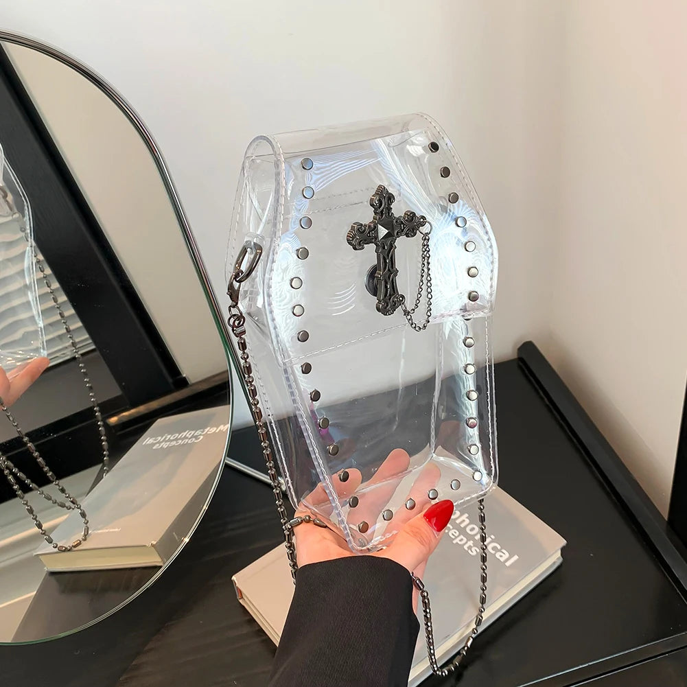 2024 Novelty Coffin Shape Purse Halloween PVC Clear Jelly Chain Crossbody Bag Stadium Approved Phone Bag Punk Retro Shoulder Bag