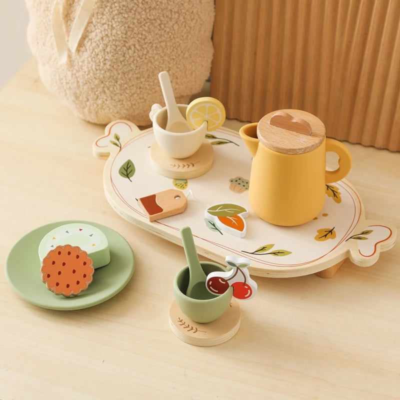 Kids Wooden Montessori Toys Afternoon Tea Set Pretend Play Kitchen Food Learning Role Play Game Baby Early Educational Toys Gift