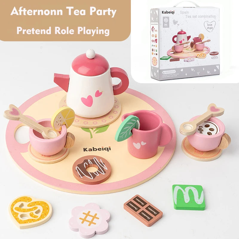 Wooden Kitchen Play Toys Kitchen Simulation Tea Set Afternoon Tea Activity Games Pretend Play Kitchen Accessories Toy for Kids