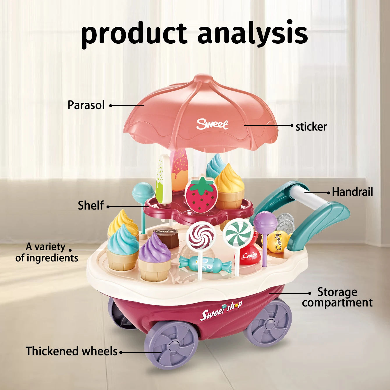 Family Play Children's Toys - Light and Music Mini Candy Dessert Cart with Storage Feature Toy Set