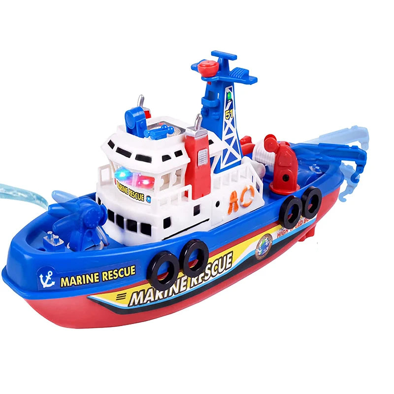 Electric Marine Rescue Boat Toy Fire-fighting Boat Bathing Speedboat Toy with Sound Light Up Toys for Kids Spray Water Swim Pool