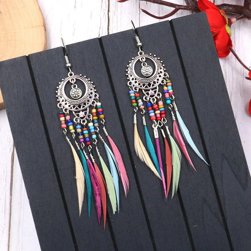 Bohemian Vintage Jewelry For Women 2024 Trendy Carved Leaf Feather Tassel Long Earrings