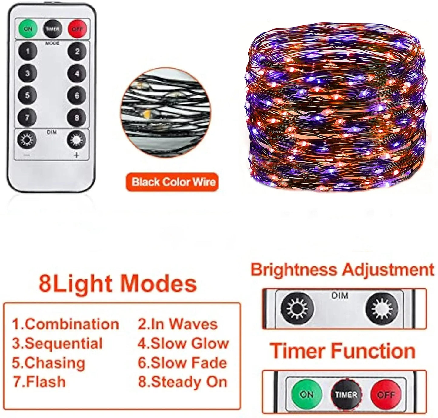 Purple and Orange Fairy String Lights Copper Black Wire Total 100-1200LED USB Fairy Lights With 8 Modes For Halloween Decoration