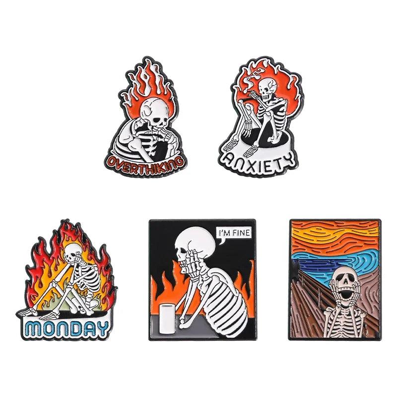 Halloween Skeleton Oil Painting Design Enamel Pins I'm Fine Anxiety Overthiking Skull Brooches Lapel Badge Punk Jewelry Gifts