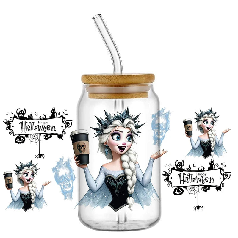 Miniso Halloween Stitch Mixed Cartoon Pattern Transfer Stickers Waterproof UV DTF Cup Wraps 3D Wrap Decal For 16oz Libbey Glass