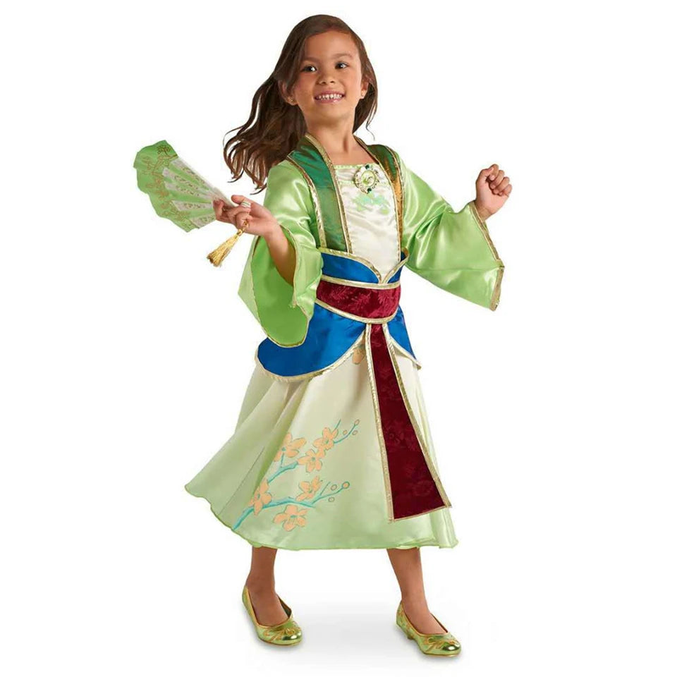 Halloween Girls Mulan Dress Children Fancy Fairy Princess Dress Up Chinese Style Christmas Vintage Green Floral Dresses Hanfu