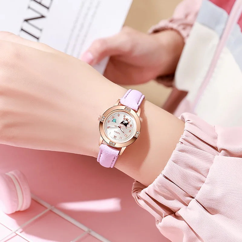 Sanrio Hello Kitty Watches Cinnamoroll Kuromi My Melody Cute Cartoon Rose Gold with Diamond Belt Watch Women's Quartz Watch