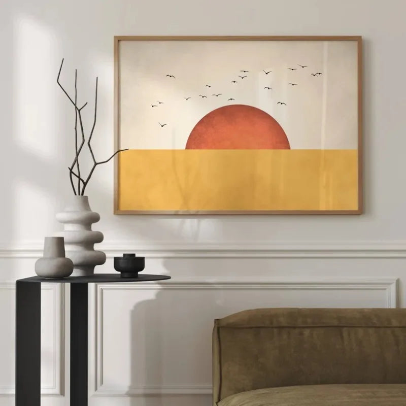 Yellow Flock of Birds Wall Cavans Art, Orange Sun Art Print, Japandi Wall Art, Abstract Landscape, Living Room Decor, Wall Art