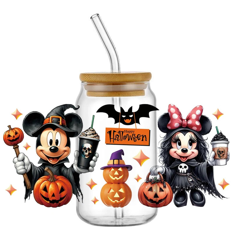 Miniso Halloween Stitch Mixed Cartoon Pattern Transfer Stickers Waterproof UV DTF Cup Wraps 3D Wrap Decal For 16oz Libbey Glass