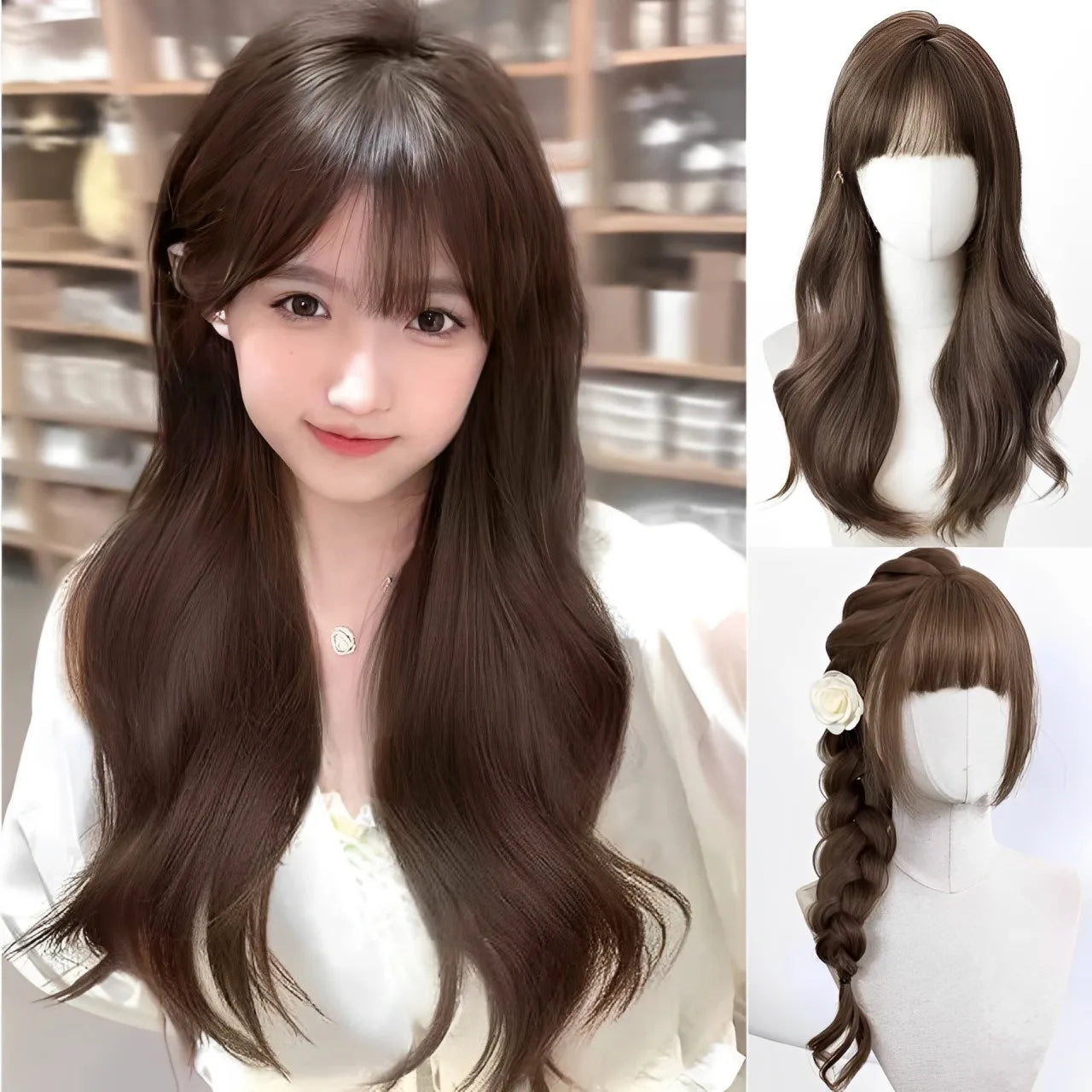 Synthetic Short Lolita Cosplay Christmas Halloween Bob Brown Blonde LM Wig With Long Curly Ponytail Natural Fake Hair for Women