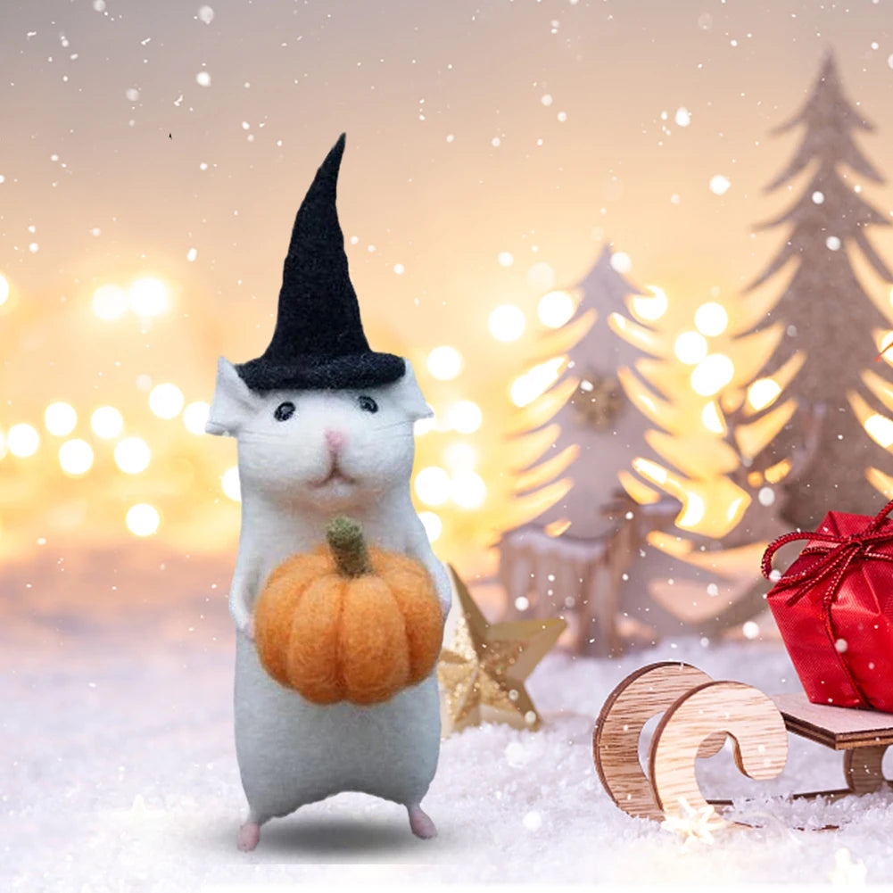 Halloween Handmade Wool Needle Felt Mouse Toy Set Desktop Decoration Creative Mini Little White Mouse Holding Pumpkin Cloth Doll