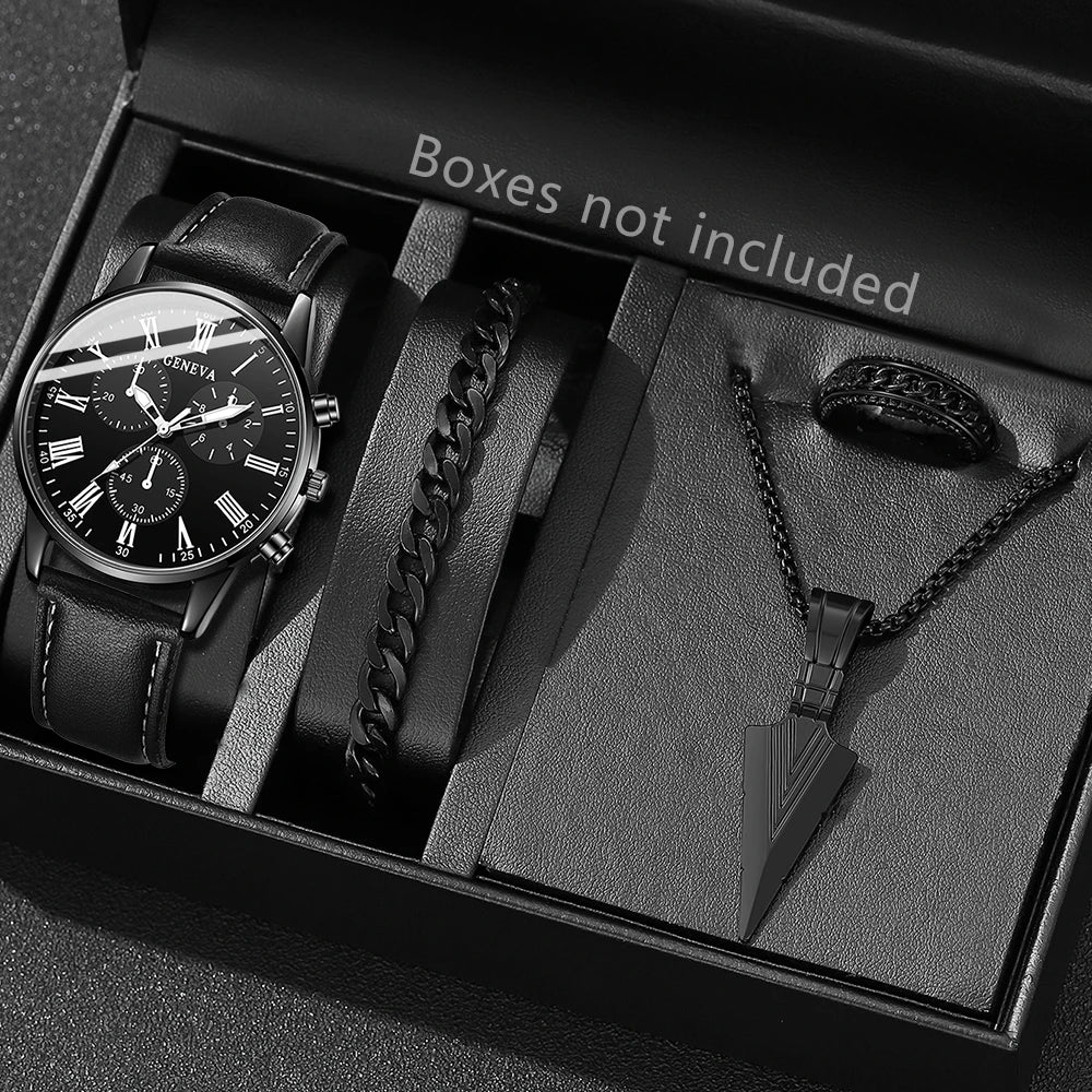 4PCS Black Men's Watch Set Business Trend Versatile Roman Digital Scale Quartz Watch Bracelet Necklace Ring Set Perfect Gift Set