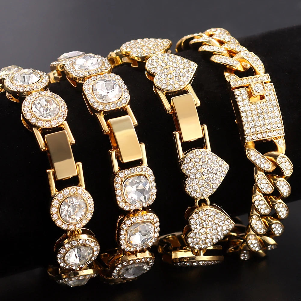 4Pcs Iced Out Chain Cuban Bracelet for Women Men Hip Hop Gold Silver Color Full Rhinestone Heart Circle Square Bracelet Jewelry