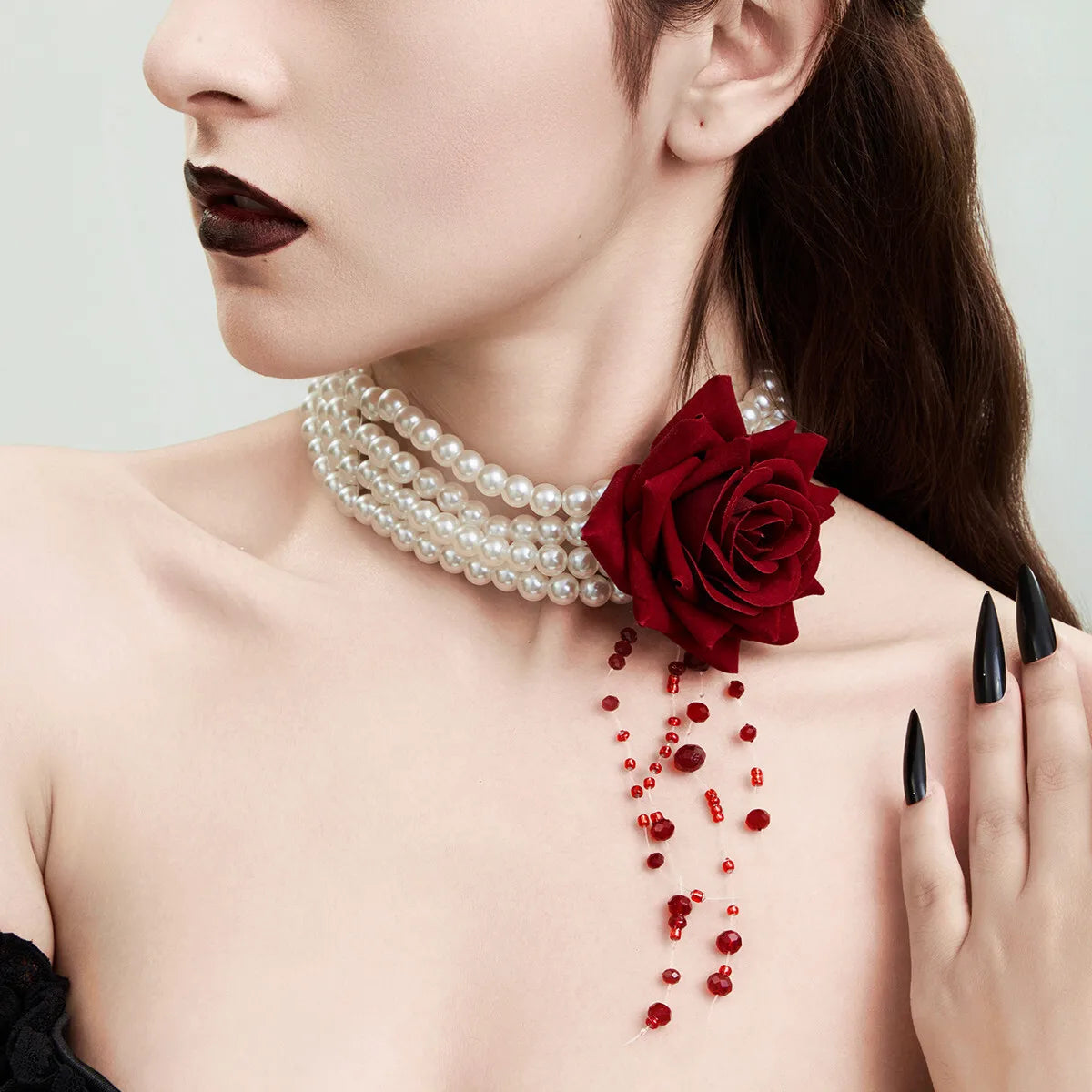 Ingemark Multilayer Imitation Pearl Rose Flower Clavicle Chain Necklace Women Goth Red Crystal Pendant Choker Halloween Jewelry