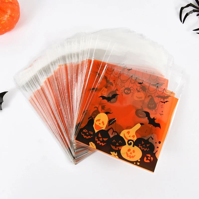 100Pcs Halloween Candy Bags Pumpkin Ghost Plastic Gift Cookie Packaging Bags Halloween Party Decor Supplies Kids Trick or Treat