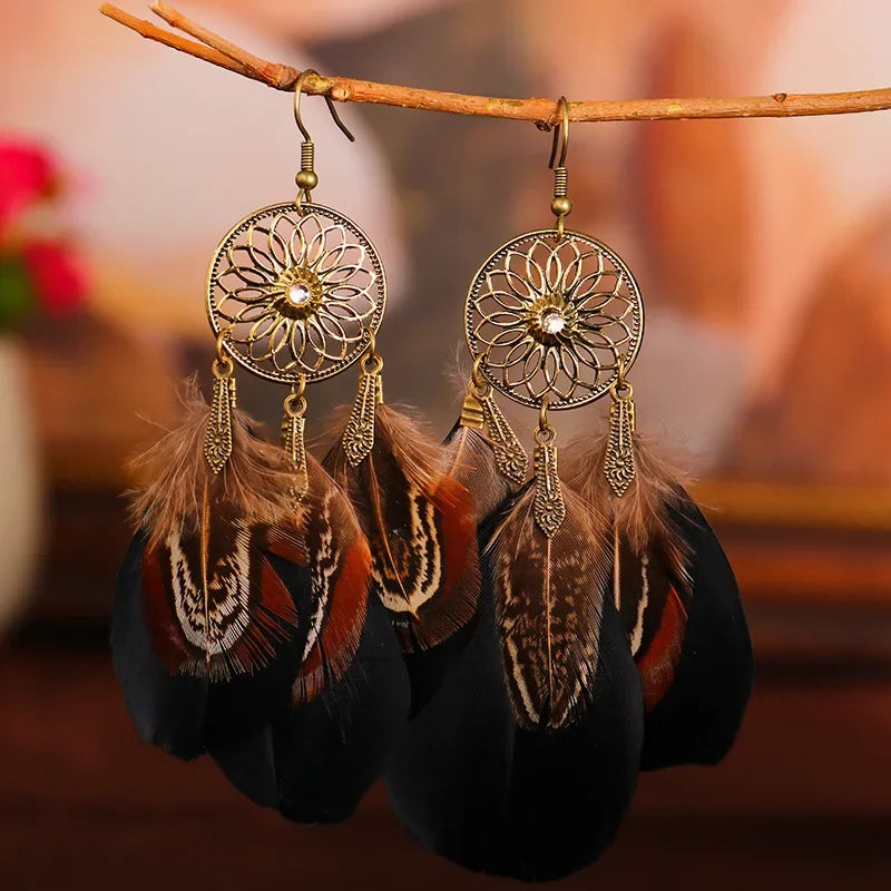 Bohemian Vintage Jewelry For Women 2024 Trendy Carved Leaf Feather Tassel Long Earrings