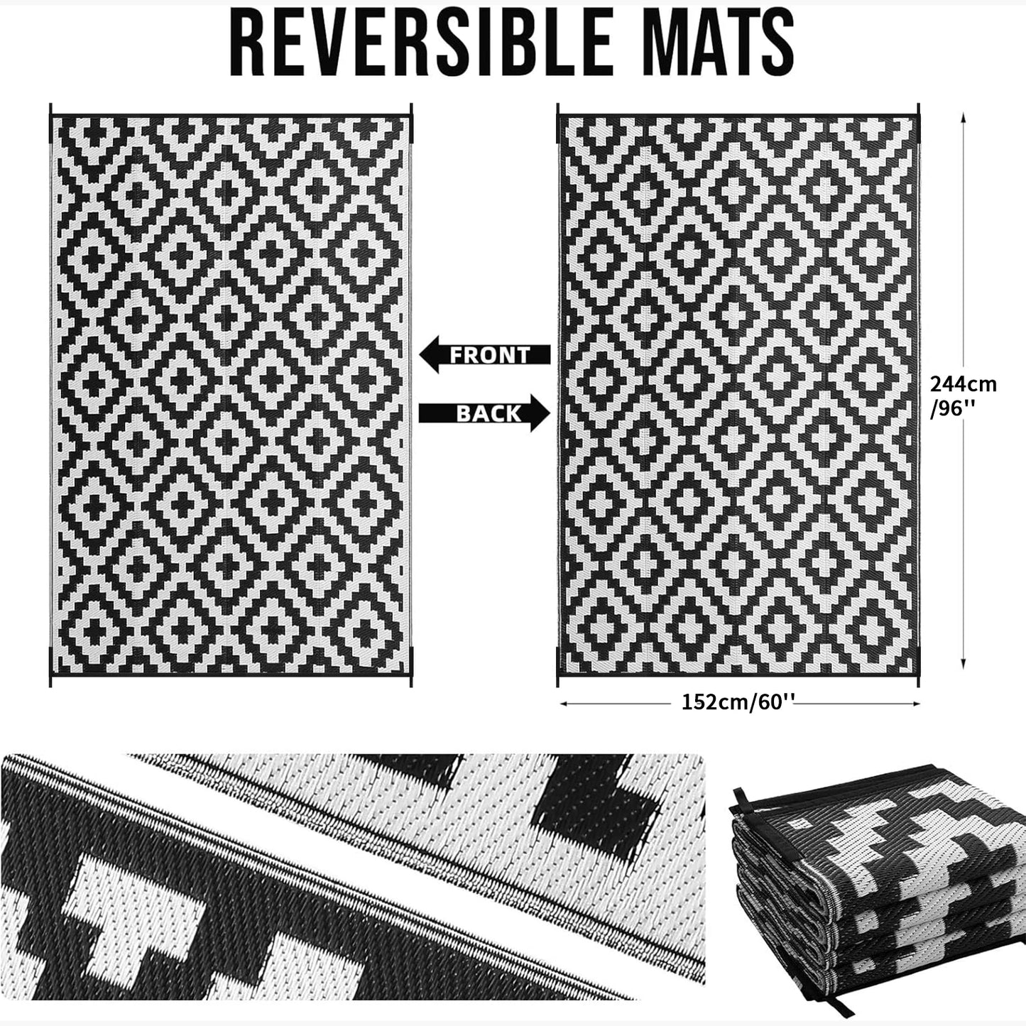 152x244CM Outdoor Rug for Patio Waterproof Anti-slip Plastic Straw Garden Mat Carpet UV Resistant Rugs for Camping Beach Picnic