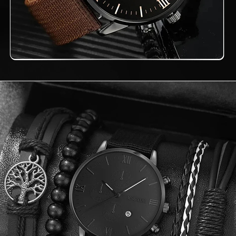 4pcs Quartz Watches Bracelet Watch Set For Men Business Fashion Casual Round Pointer Calendar Watch Accessories