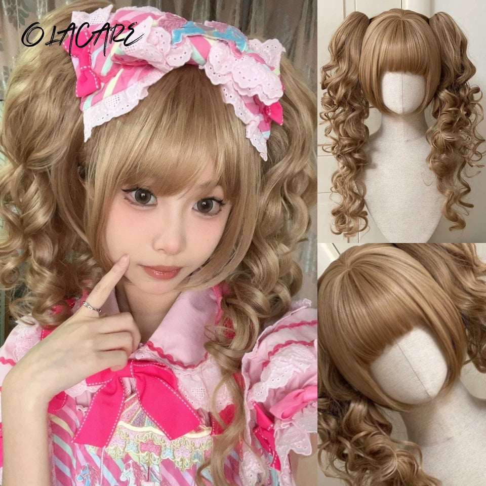 Synthetic Short Lolita Cosplay Christmas Halloween Bob Brown Blonde LM Wig With Long Curly Ponytail Natural Fake Hair for Women