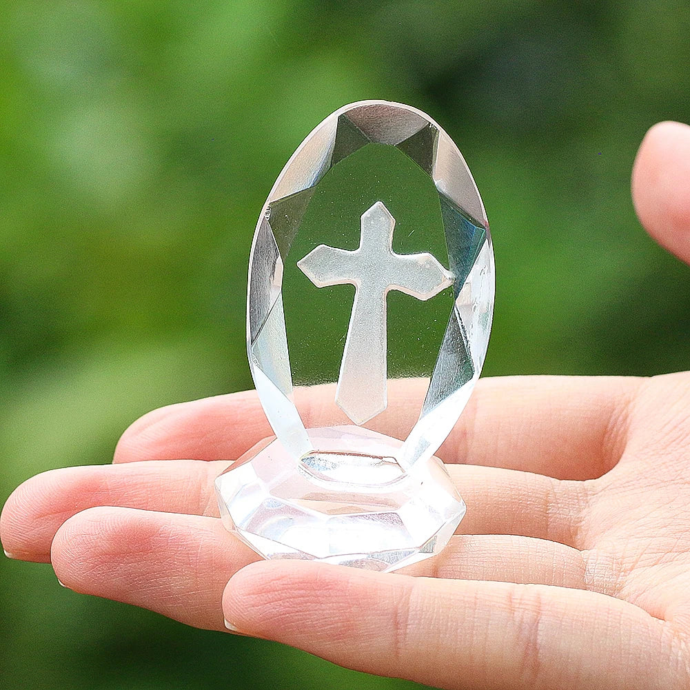 Crystal Cube Cross Figurine Ornaments 3D Laser Inside Engraved Religious Crafts Paperweight Centerpiece Decor Party Ornament