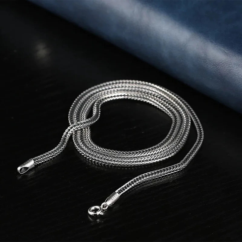 Real Silver Retro Classical Square Fox Tail Chain Necklace For Man Woman S925 Silver Chopin Sweater Chain Necklaces Fine Jewelry