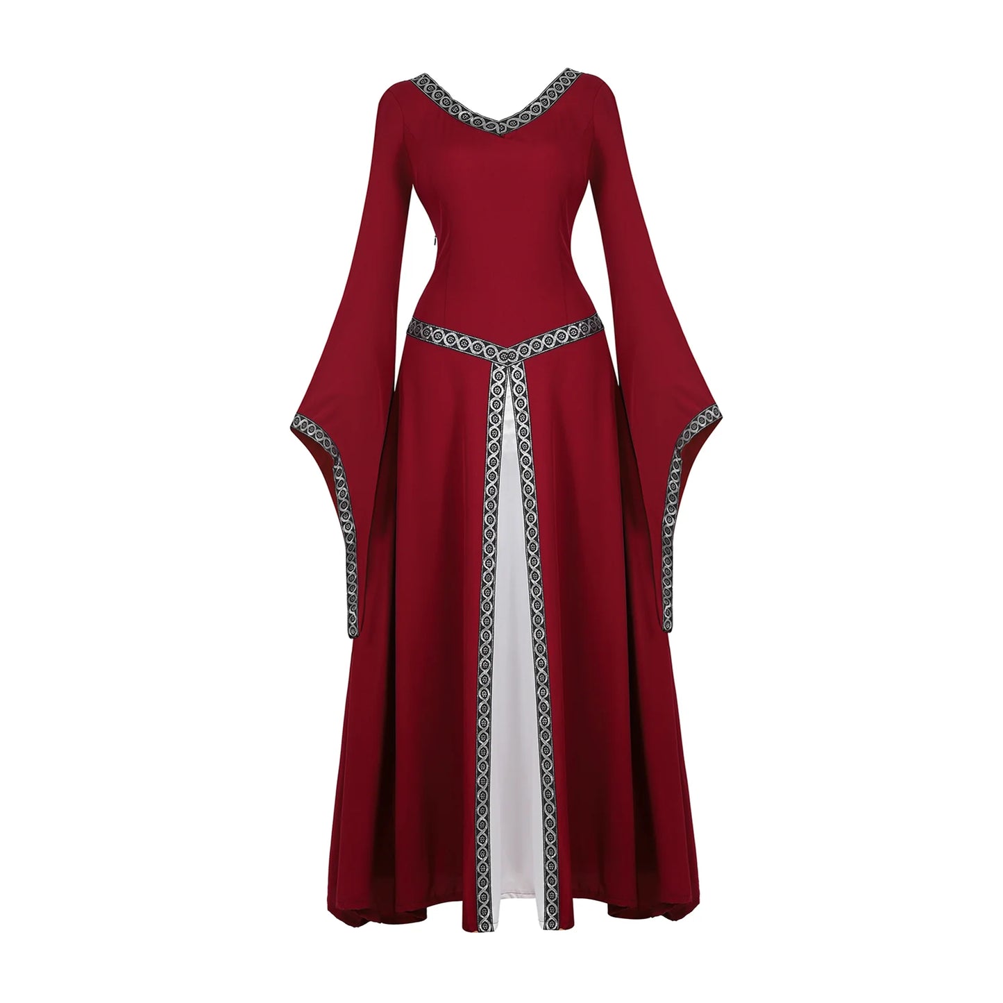 Women Medieval Renaissance Trumpet Sleeve Retro Loor Length Gown Lace Trim Irish Over Long Dress Halloween Costume Plus Size