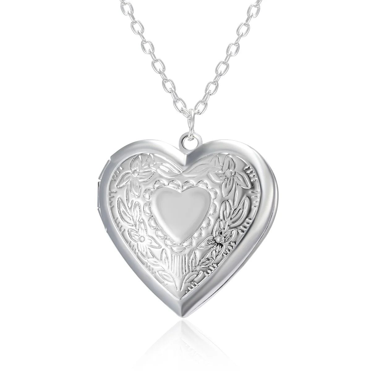 Silver Color Love Heart Photo Frame Pendant Necklace For Women I Love You Flower Pattern Heart Openable Locket Necklace Jewelry