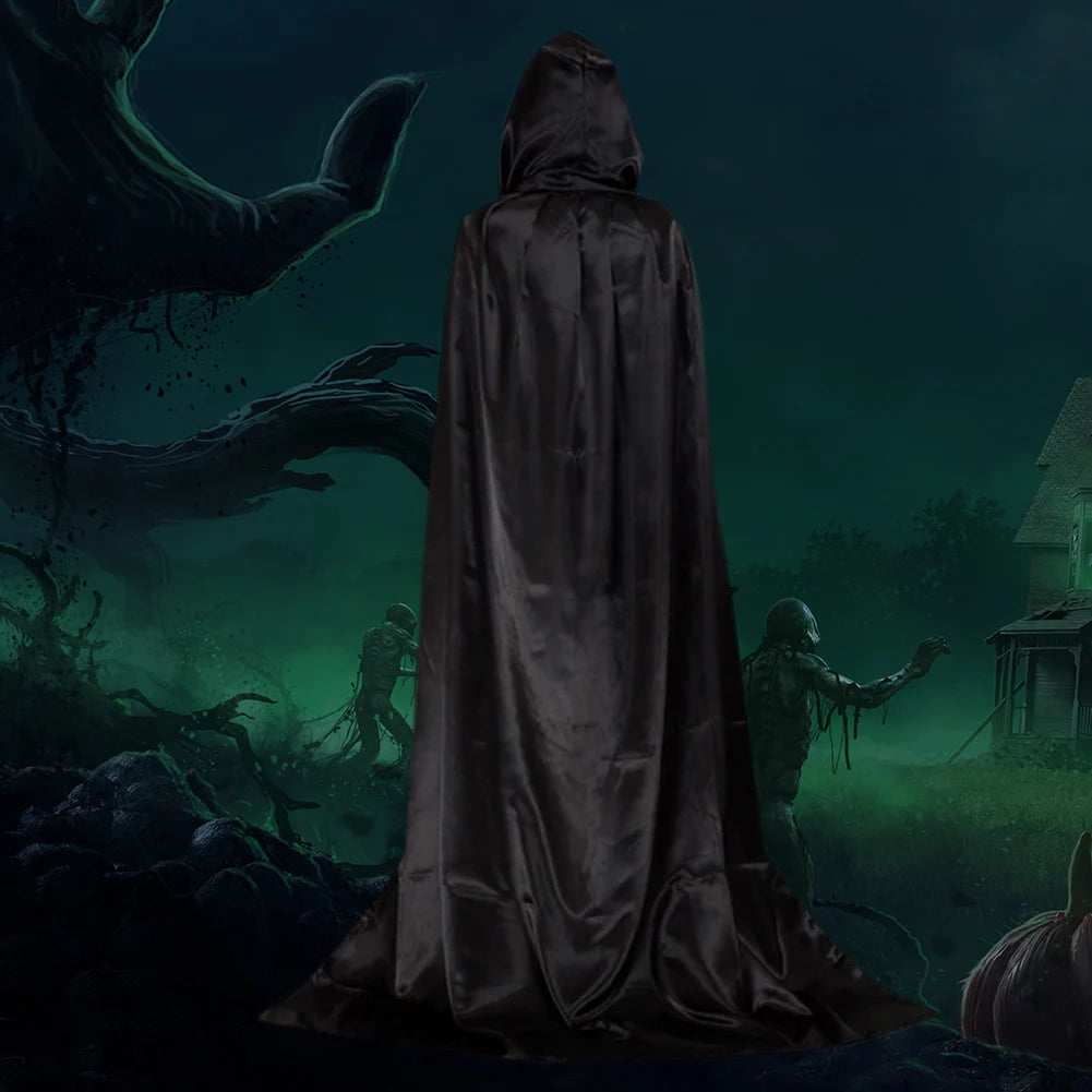 Black Vampire Cloak Cosplay Costume Halloween Hooded Cloak Cape Robe Adult Cosplay Anime Figures Halloween Costume Party Decor