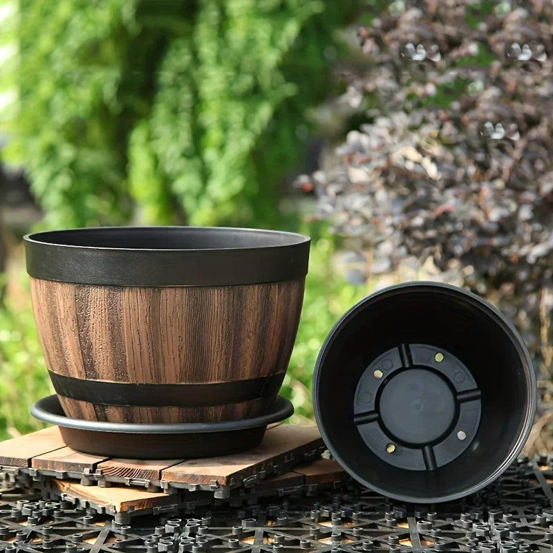 Retro whiskey barrel planter, resin striped garden flower pot with