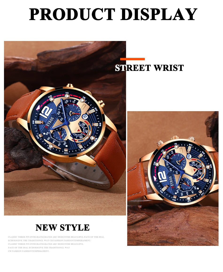 2PCS Set Fashion Mens Calendar Watches Luxury Male Business Casual Brown Leather Quartz Watch Men Bracelet Wrist Watch