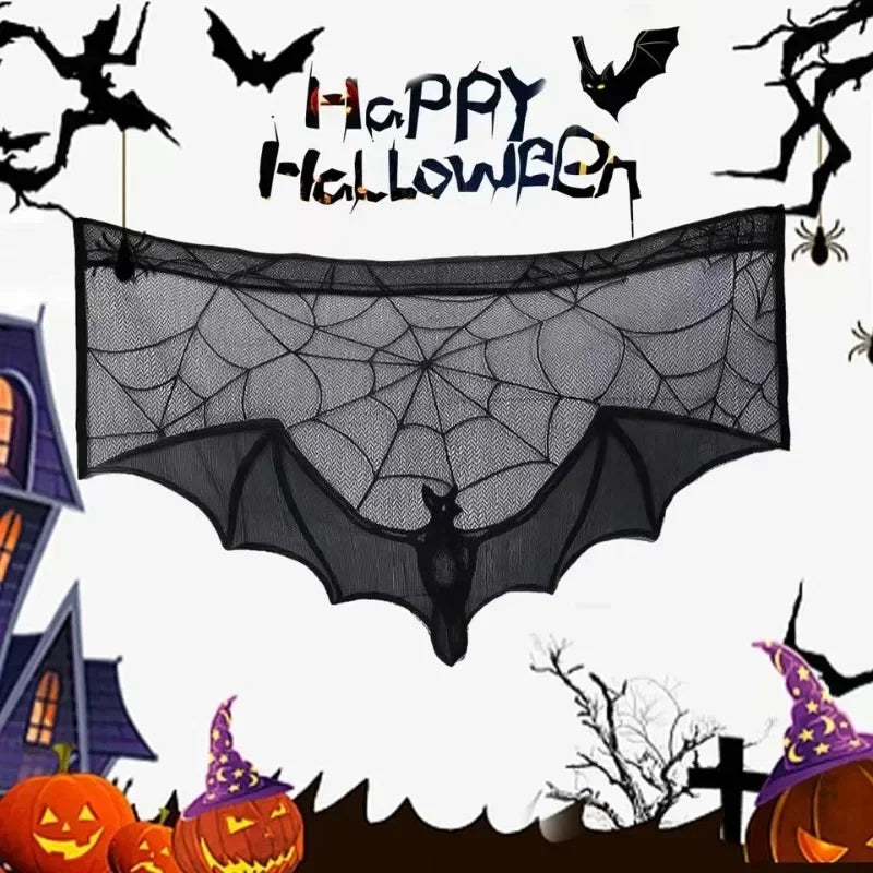 Halloween Lace Curtains Black Bat Tablecloth Hearthstone Scarf Cover Family Room Spider Web Horror Decoration Party Decoration
