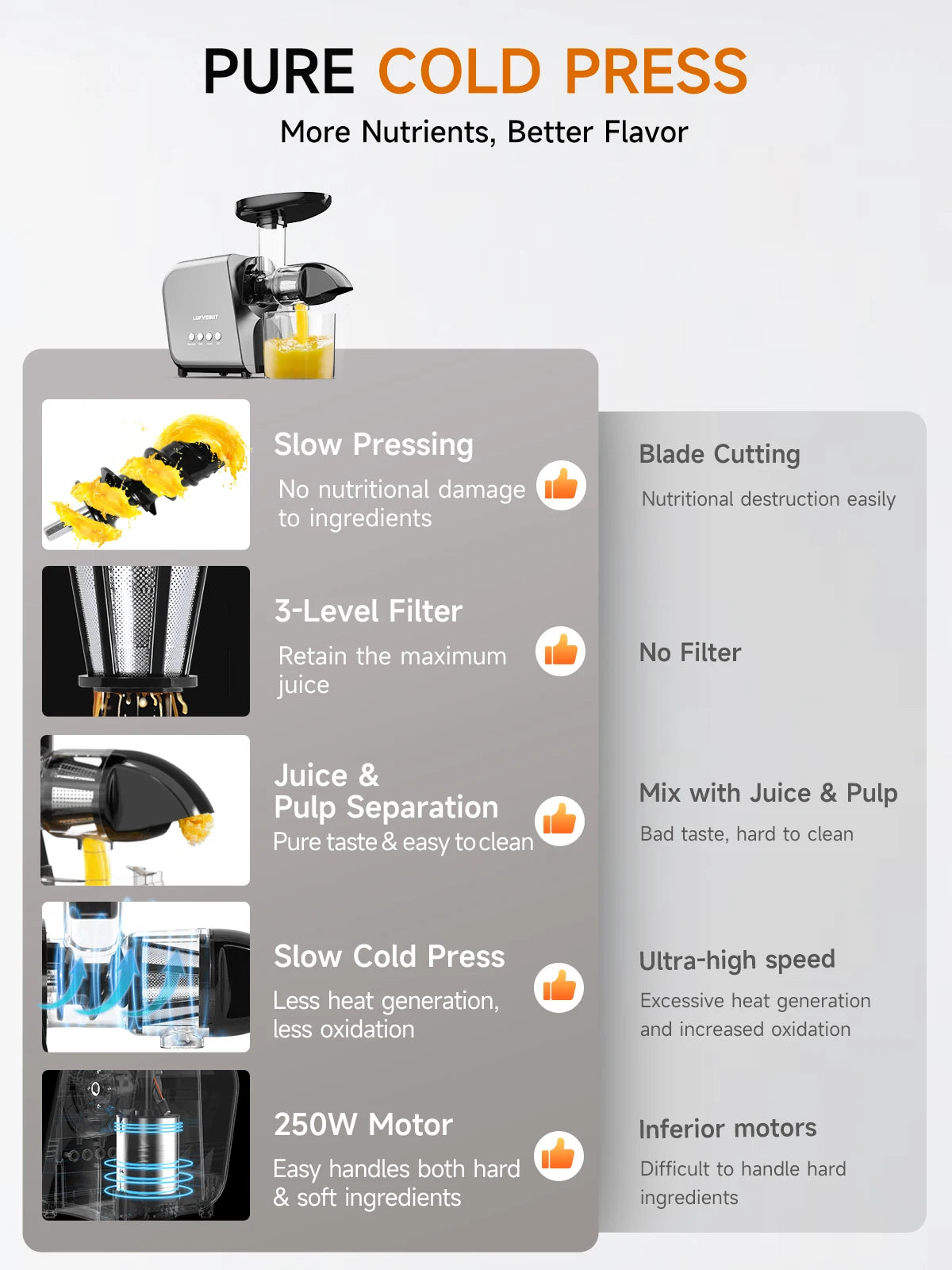 Hot Sale 250W Slow Juicer Extractor for Vegetable and Fruit Screw Cold Press Fresh Beet Juice Electric Blender Home Appliance