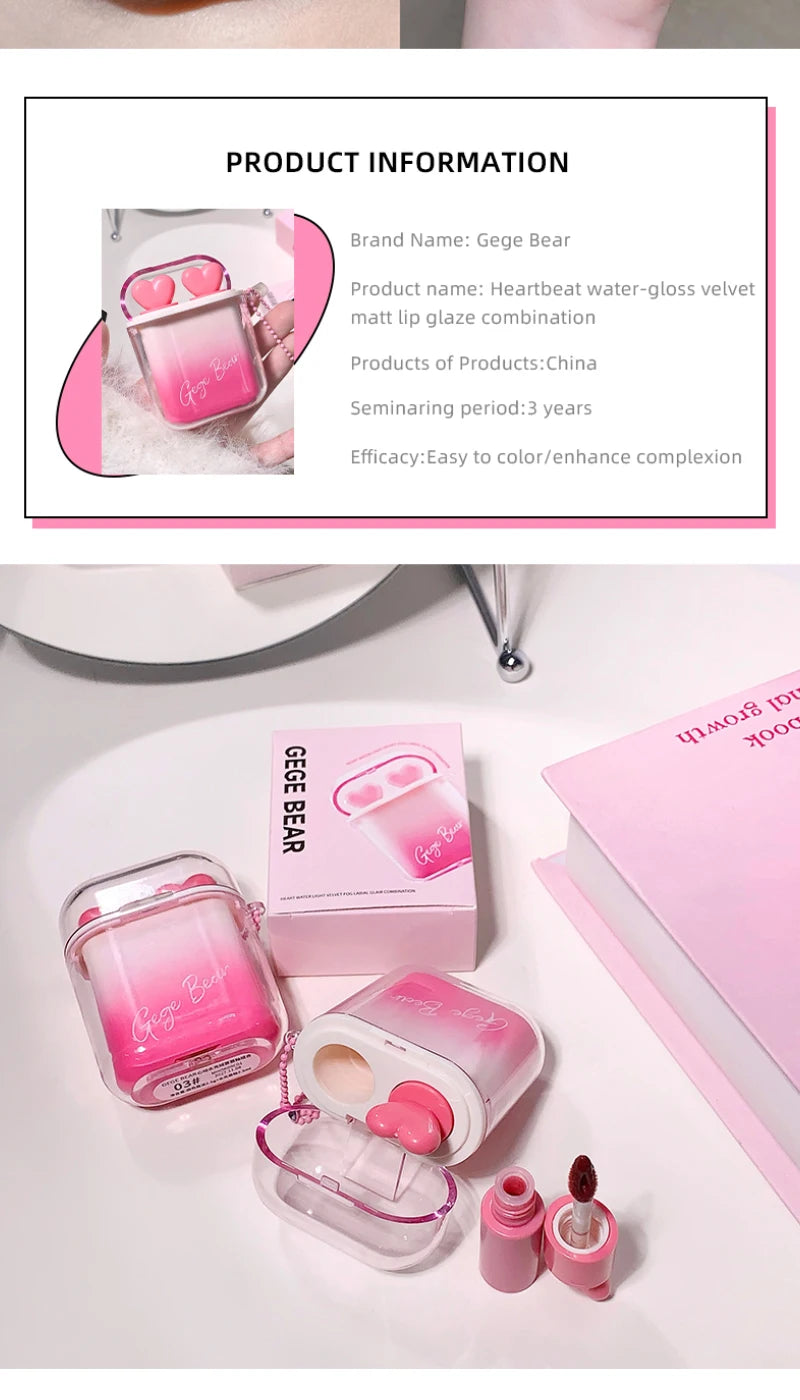 GegeBear Heartfelt Water-Gloss Lip Set:Lasting, Non-Fading Formula for a Natural, Compact, Portable Design Resembling Earbuds