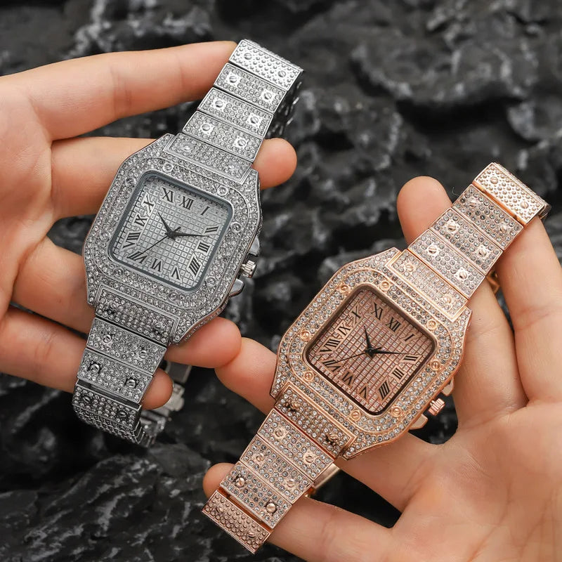 Classic Luxury Business Men's Steel Strap Square Roman Scale Rhinestone Quartz Watch Lesiure Male Wristwatch Relogio Masculino