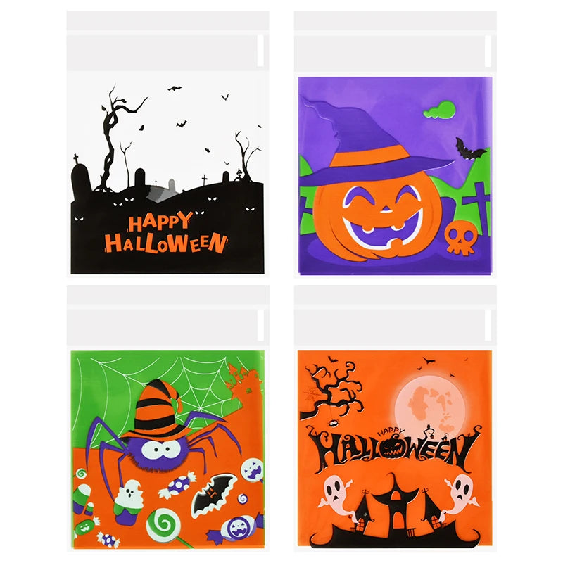 100Pcs Halloween Candy Bags Pumpkin Ghost Plastic Gift Cookie Packaging Bags Halloween Party Decor Supplies Kids Trick or Treat