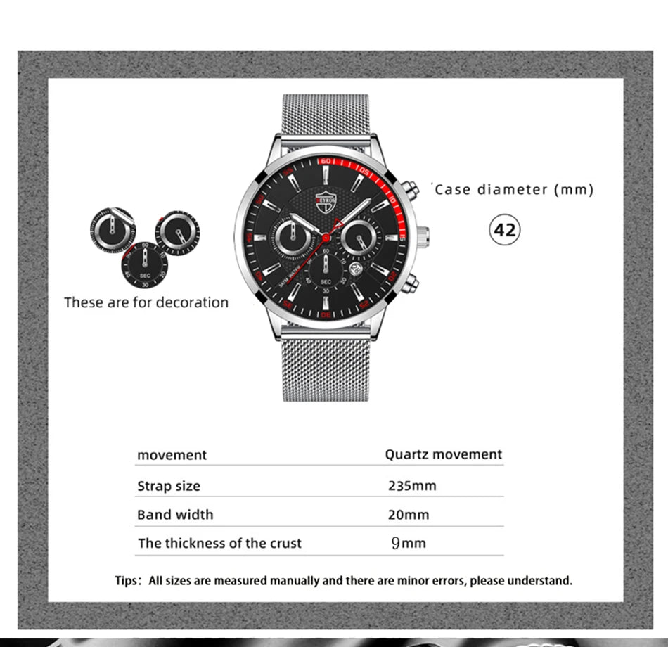 Mens Fashion Sports Watches Men Business Casual Quartz Wrist Watch Luxury Silvery Mesh Belt Watch