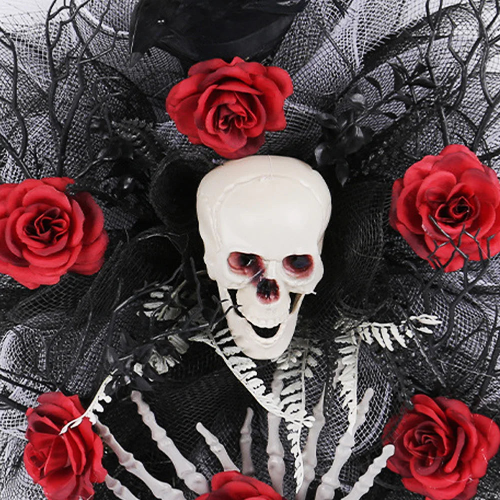 Halloween Wreath Scary Red Rose Wreath Halloween Skeleton Wreath for Haunted Mansion Halloween and Party Supplies