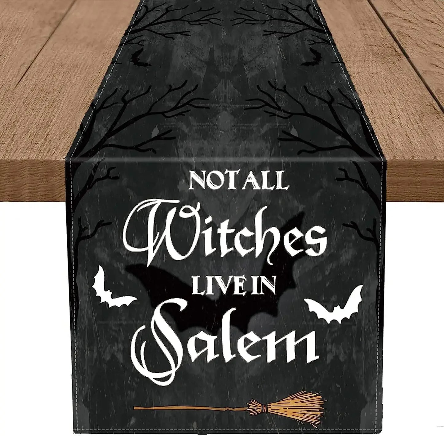 Halloween Bats Broom Not All Witches Live in Salem Holiday Runners Farmhouse Restaurant  Home Kitchen Interiors