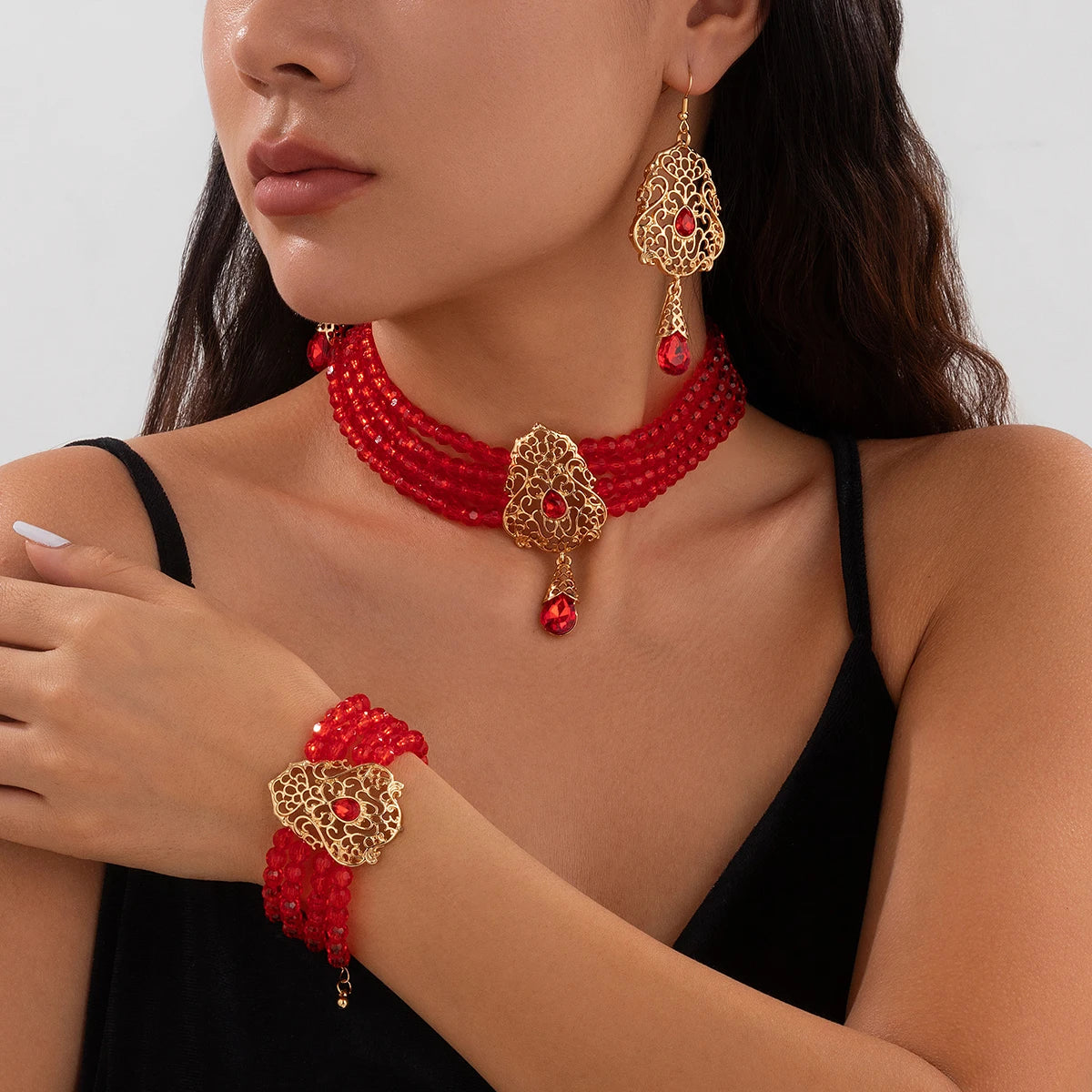 Ingemark Goth Multilayer Crystal Chain Necklace Bracelet Drop Earrings for Women Temperament Jewelry Set Halloween Accessories