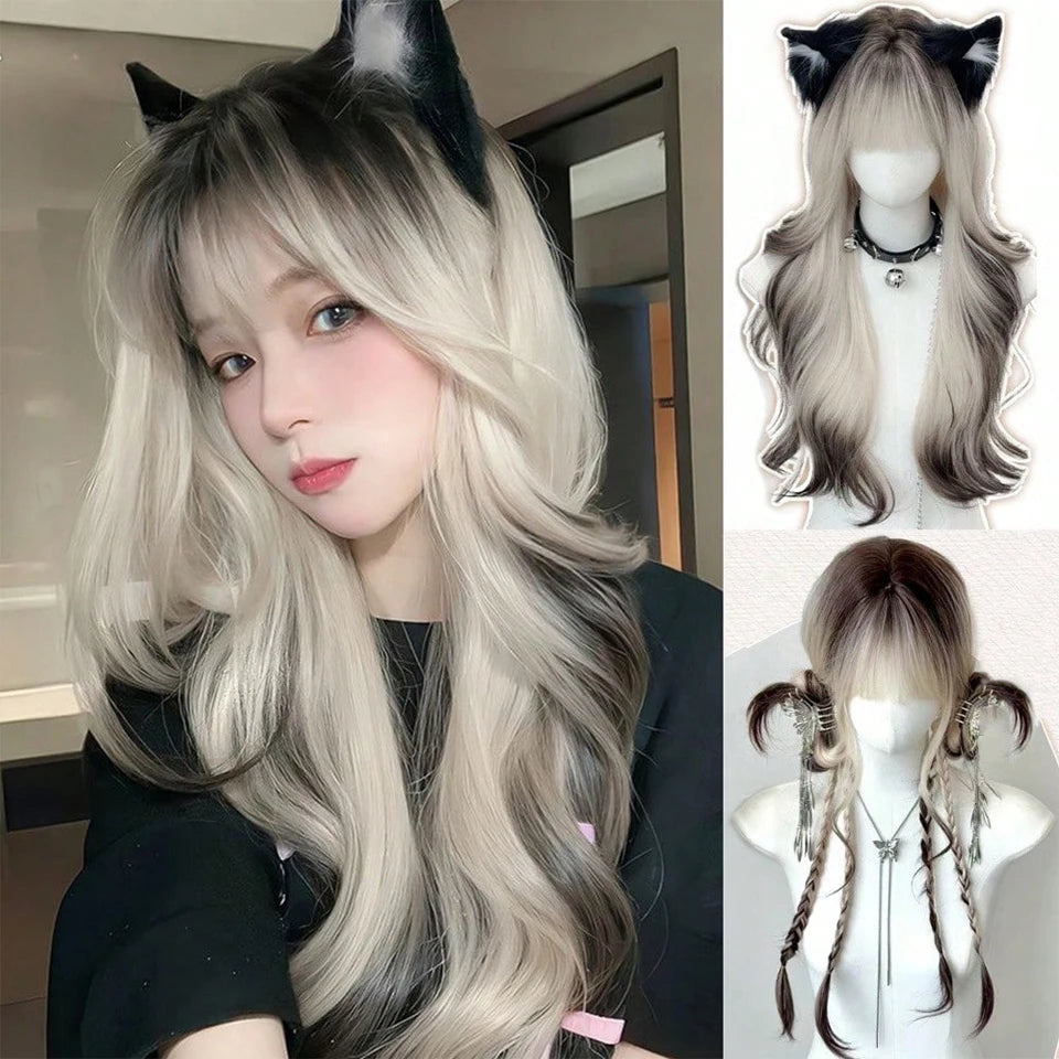 Synthetic Short Lolita Cosplay Christmas Halloween Bob Brown Blonde LM Wig With Long Curly Ponytail Natural Fake Hair for Women