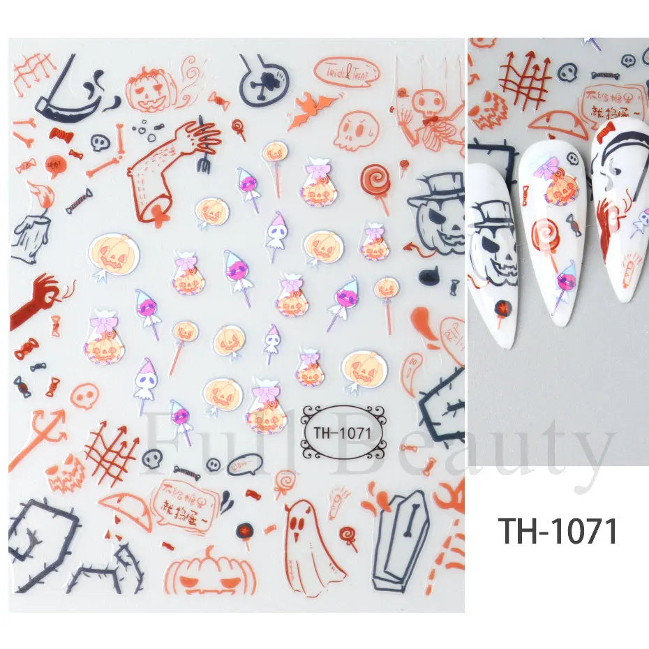 Nail Stickers Halloween Series Bat Skull Bone Ghost Pumpkin Pattern 3D Self Adhesive Decals For Nails Manicure Decoration LATH