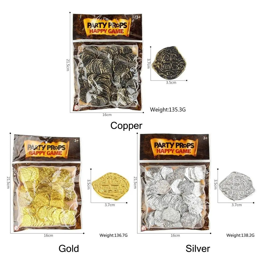 100PCS Gold Silver Halloween Pirate Treasure Coins Festival Ornament 3.7*3.5cm Toy Coins Party Supplies Photo Props