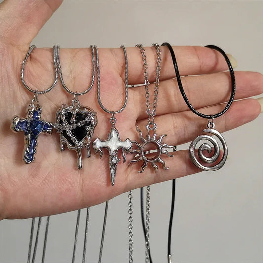 Goth Irregular Heart Cross Vortex Pendant Snake Rope Chain Necklace For Women Men Grunge Y2K 90s Punk Halloween EMO Accessories